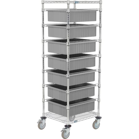 Global Industrial Chrome Wire Cart With 7 6inH Gray Grid Containers, 21x24x69 269028GY